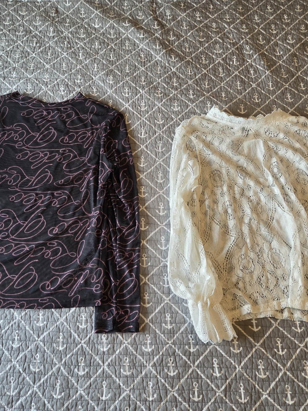 Two Women’s Tops - Black Script Long Sleeve & Cream Lace Blouse